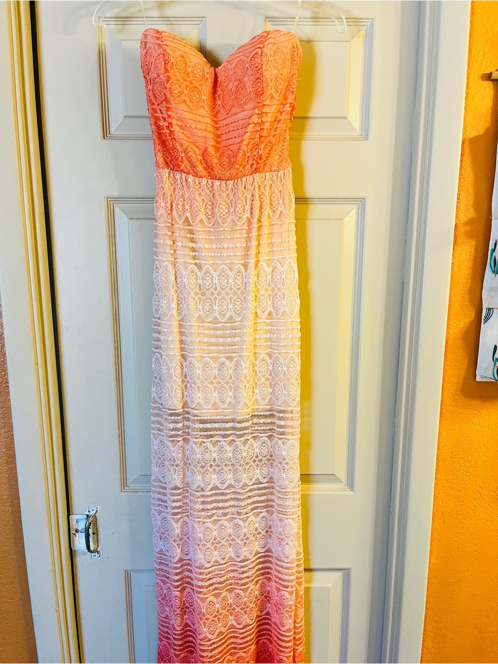 Windsor Strapless Ombre Lace Maxi Dress in Coral and Cream